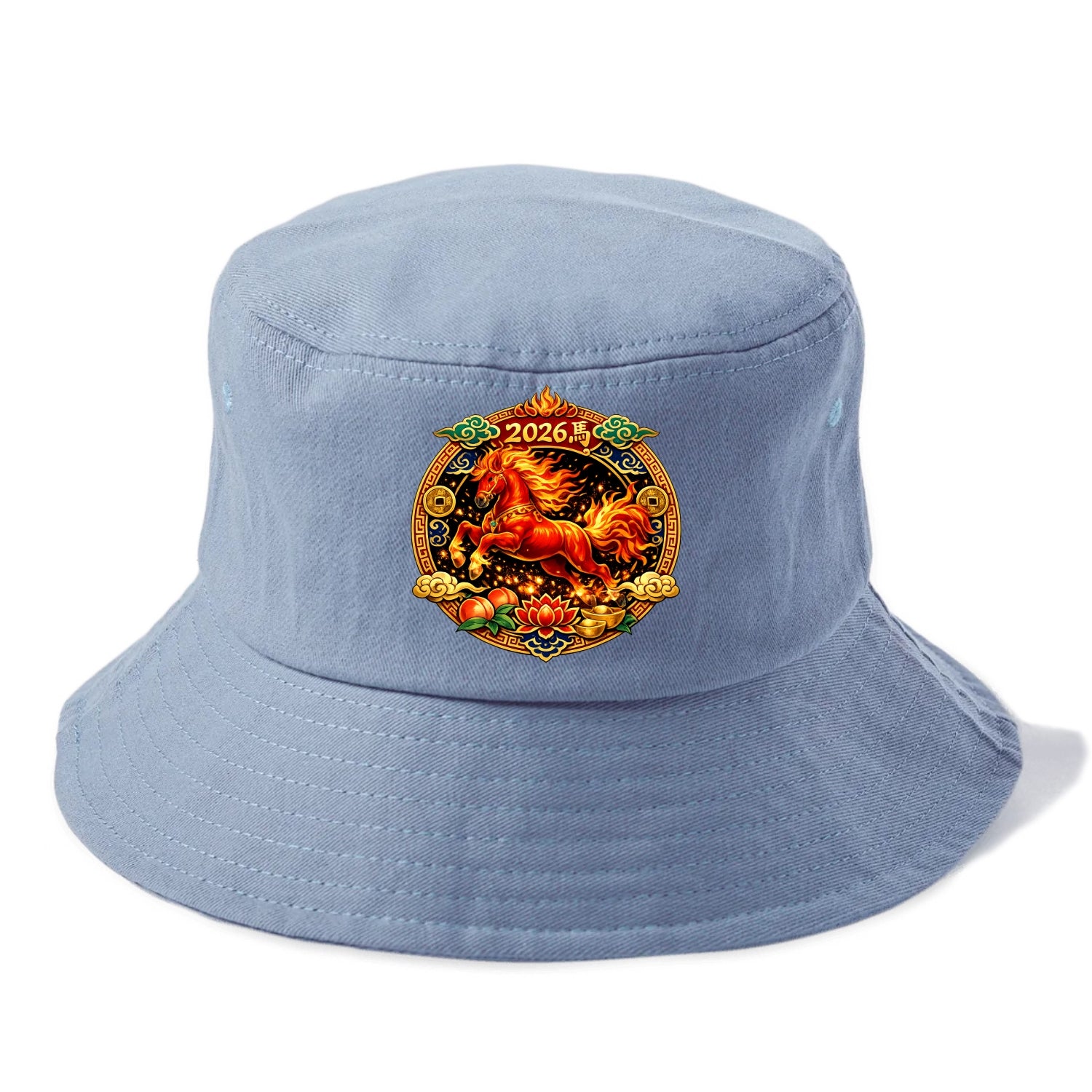 FIRE HORSE | Flaming mane and tail horse | Blazing orange and red colors | Dynamic - Bucket Hat - Summer Sky(Blue)