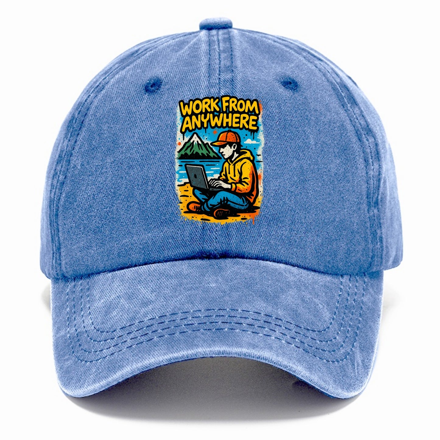 Digital nomad with laptop on beach/mountain - work from anywhere lifestyle, location - Classic Cap - Summer Sky(Blue)