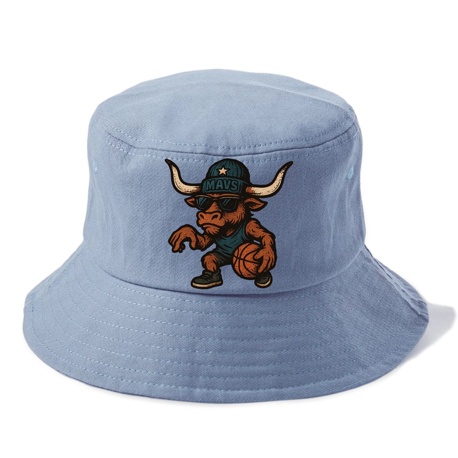 Texas Longhorn wearing Mavs beanie with lone star patch and wayfarer sunglasses - Bucket Hat - Summer Sky(Blue)