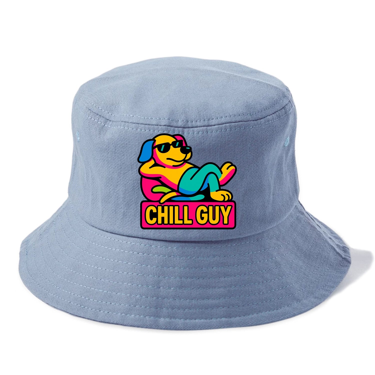 Super relaxed dog character lounging unbothered - "Chill Guy" meme energy, laid back - Bucket Hat - Summer Sky(Blue)