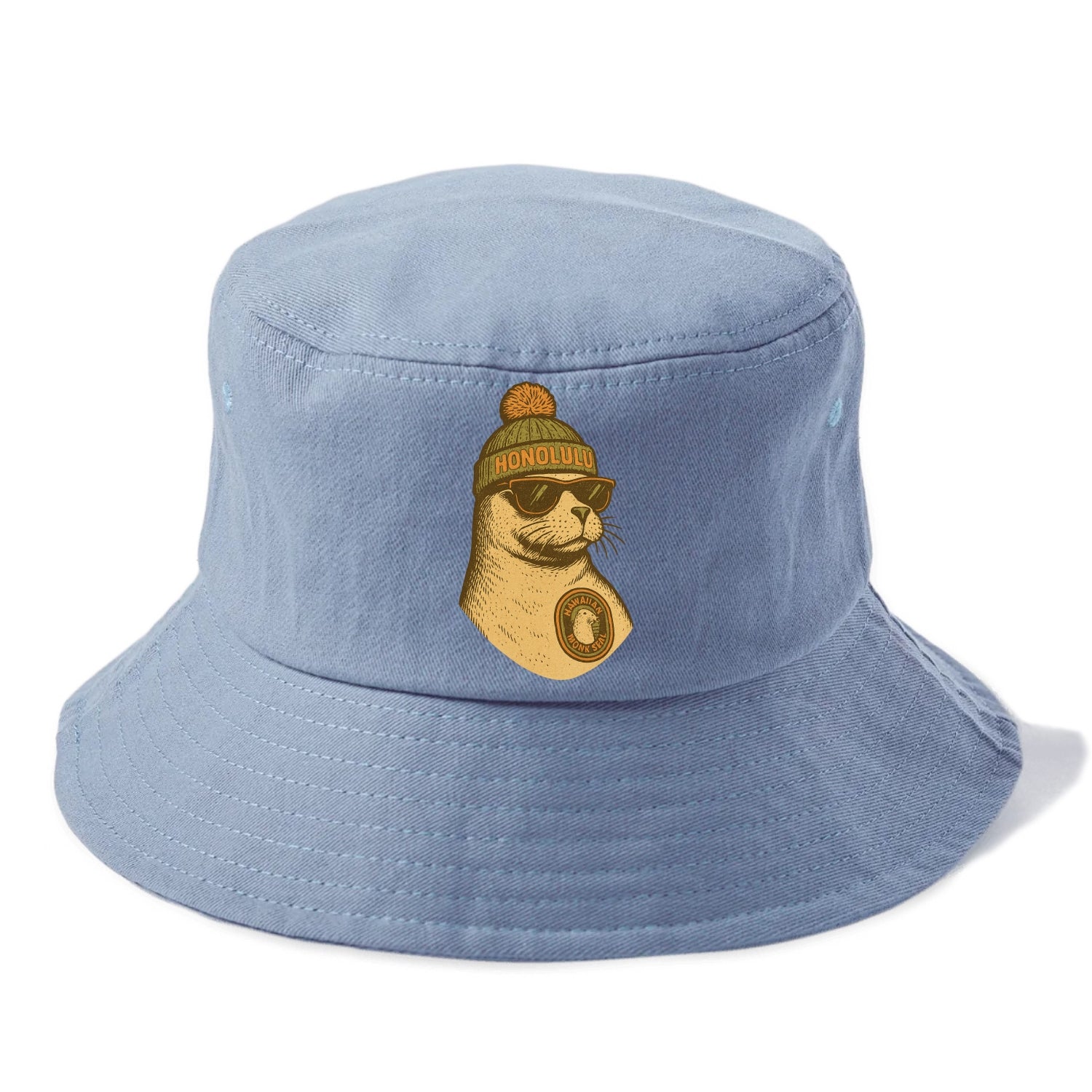 Hawaii Monk Seal wearing Honolulu beanie with pom pom and wayfarer sunglasses - Bucket Hat - Summer Sky(Blue)