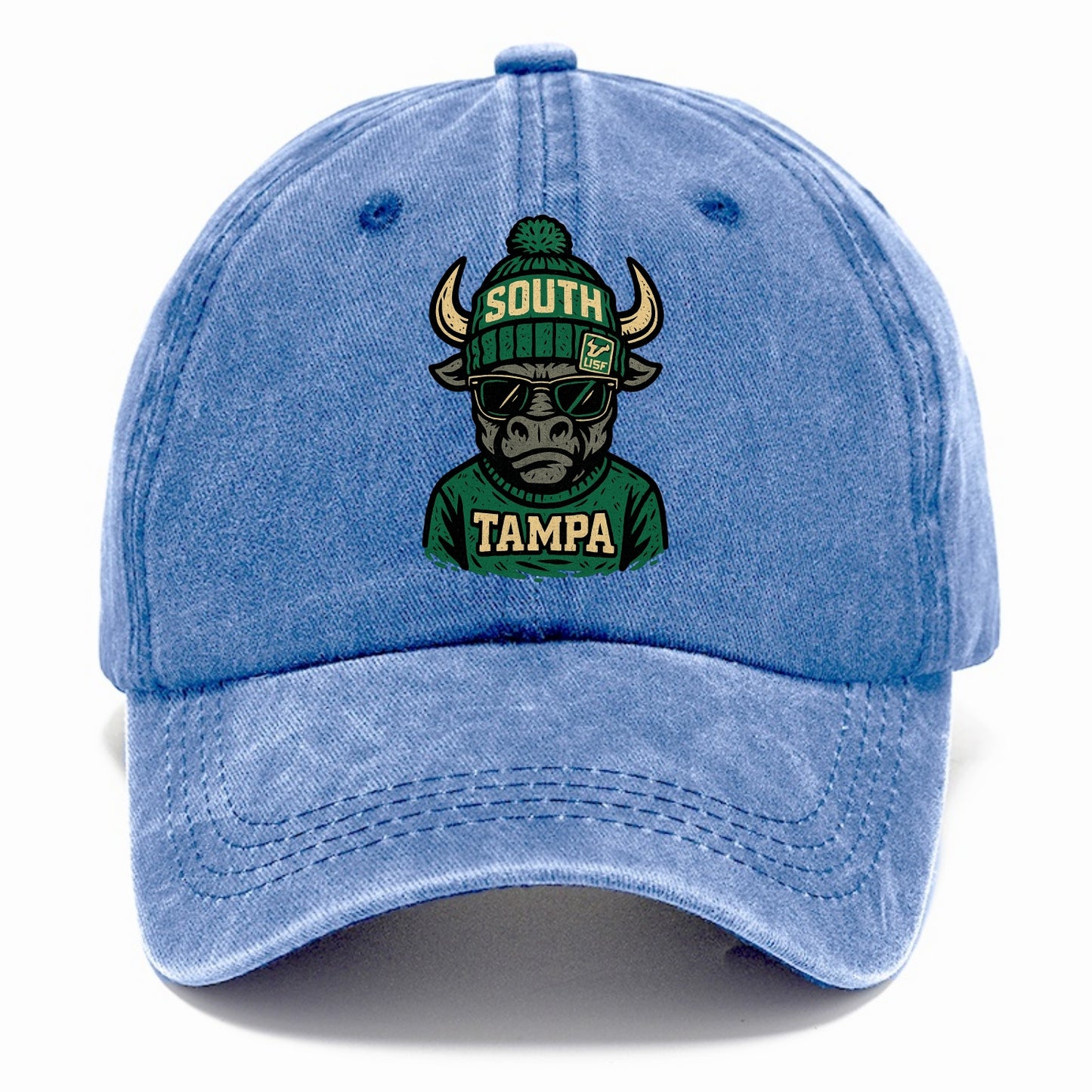 Tampa Bull wearing South Florida beanie with USF patch - Classic Cap - Summer Sky(Blue)