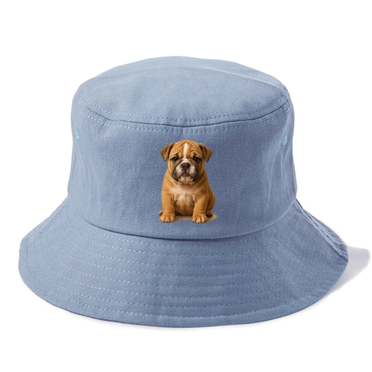 Baby Bulldog Puppy - wrinkly face, underbite, stocky body, gentle eyes, front-facing, - Bucket Hat - Summer Sky(Blue)