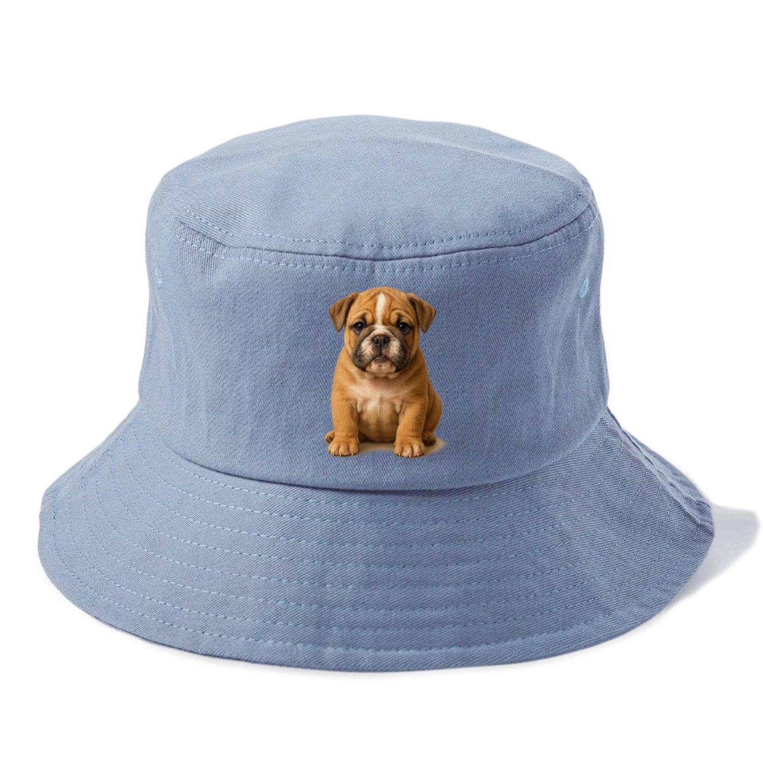 Baby Bulldog Puppy - wrinkly face, underbite, stocky body, gentle eyes, front-facing, - Bucket Hat - Summer Sky(Blue)
