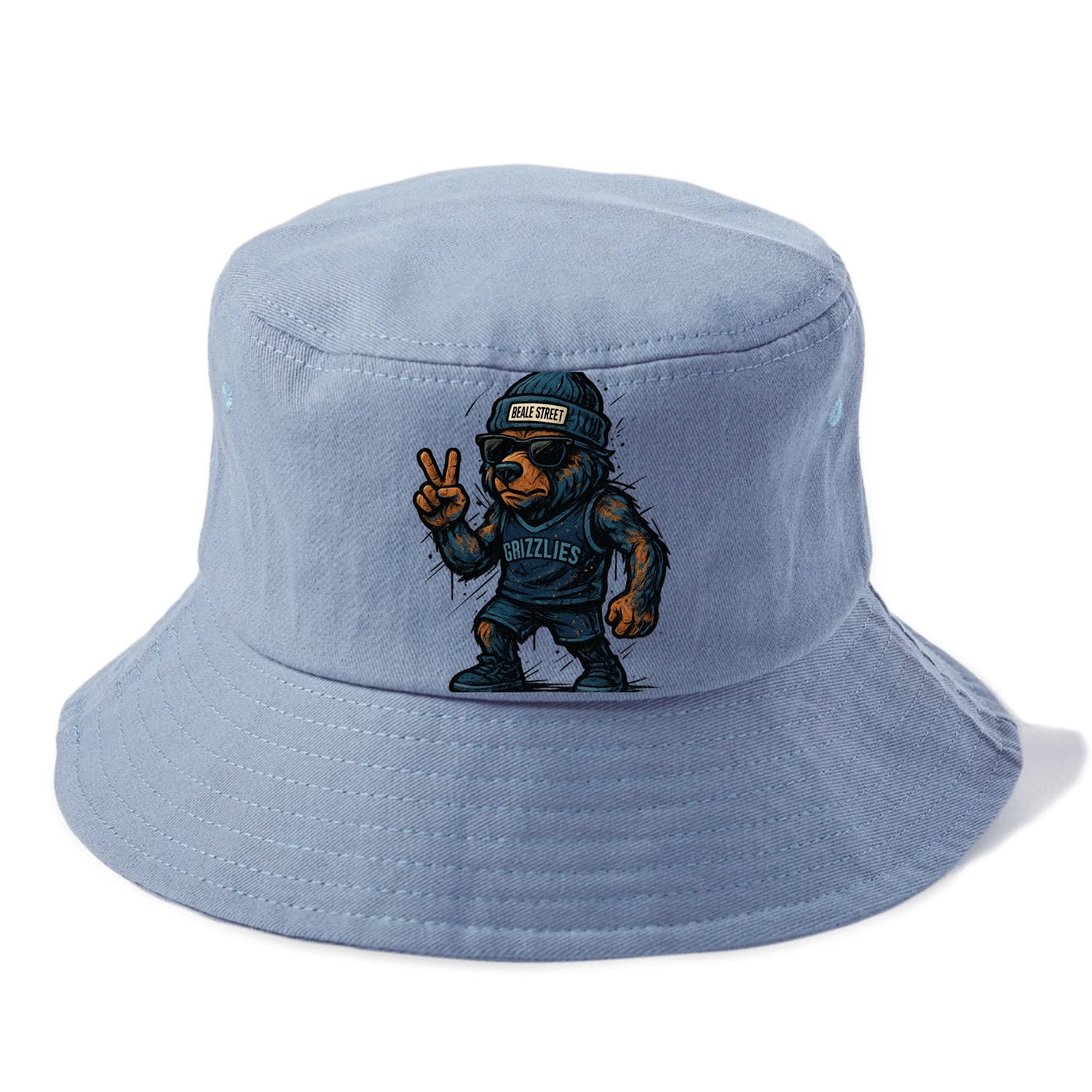Memphis Grizzly Bear wearing Grizzlies navy and light blue beanie with Beale Street - Bucket Hat - Summer Sky(Blue)