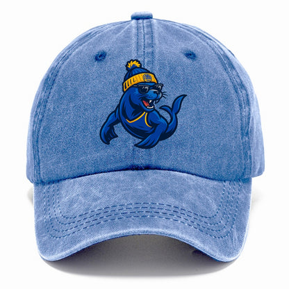 Bay Area Sea Lion wearing Warriors blue and gold beanie with Golden Gate and wayfarer - Classic Cap - Summer Sky(Blue)