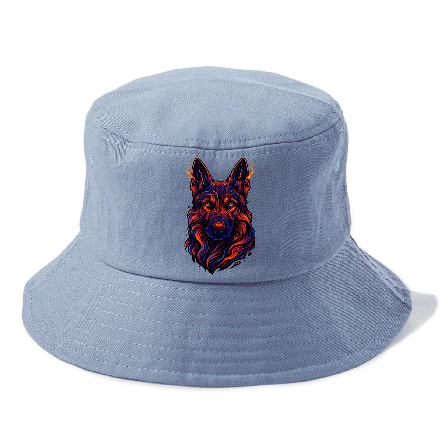 Alert German Shepherd with cyber circuit patterns in the fur, neon orange and black - Bucket Hat - Summer Sky(Blue)