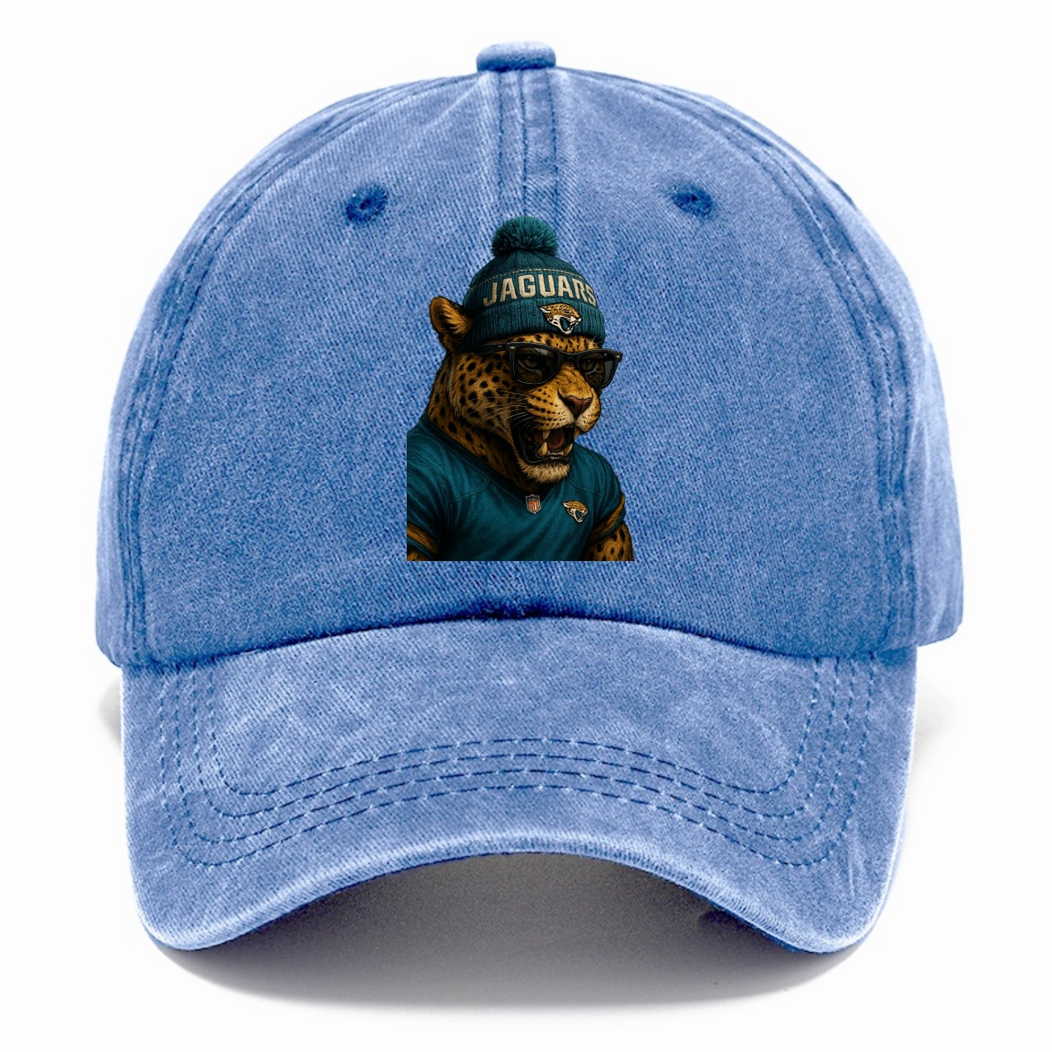 Jacksonville Jaguar wearing Jaguars teal and gold beanie with pom pom and wayfarer - Classic Cap - Summer Sky(Blue)