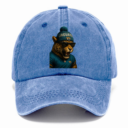 Jacksonville Jaguar wearing Jaguars teal and gold beanie with pom pom and wayfarer - Classic Cap - Summer Sky(Blue)