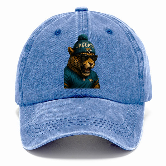 Jacksonville Jaguar wearing Jaguars teal and gold beanie with pom pom and wayfarer - Classic Cap - Summer Sky(Blue)