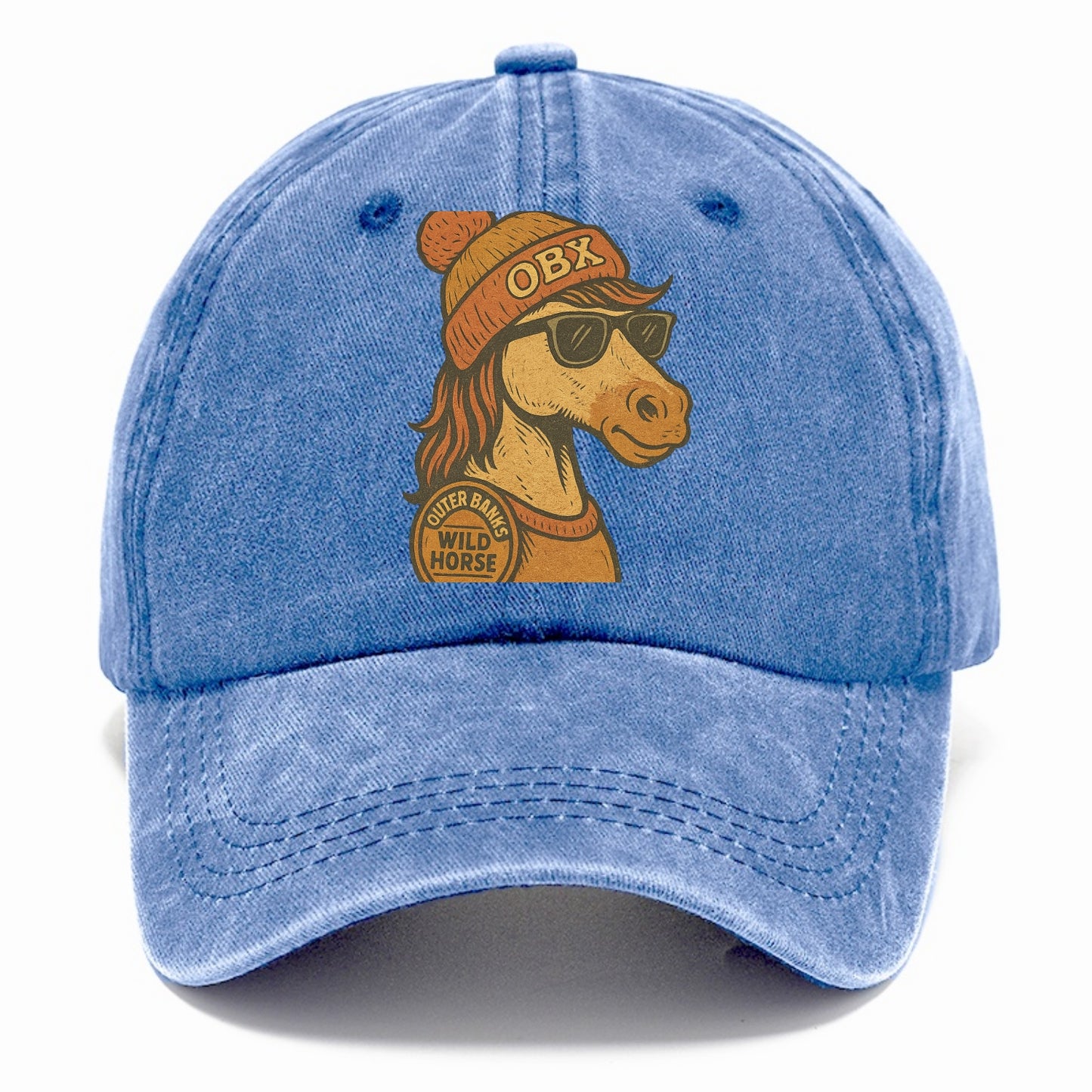 Outer Banks Wild Horse wearing OBX beanie with pom pom and wayfarer sunglasses - Classic Cap - Summer Sky(Blue)