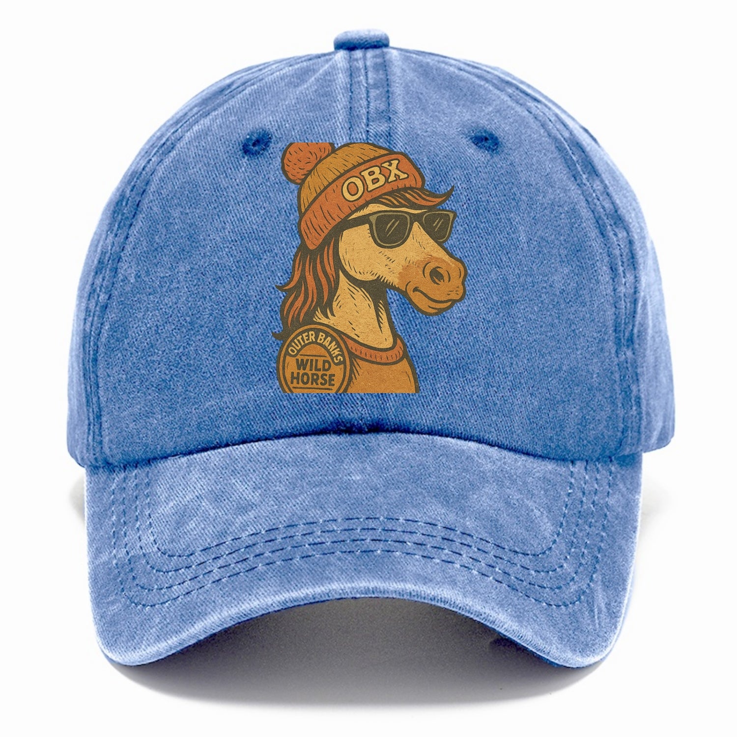 Outer Banks Wild Horse wearing OBX beanie with pom pom and wayfarer sunglasses - Classic Cap - Summer Sky(Blue)
