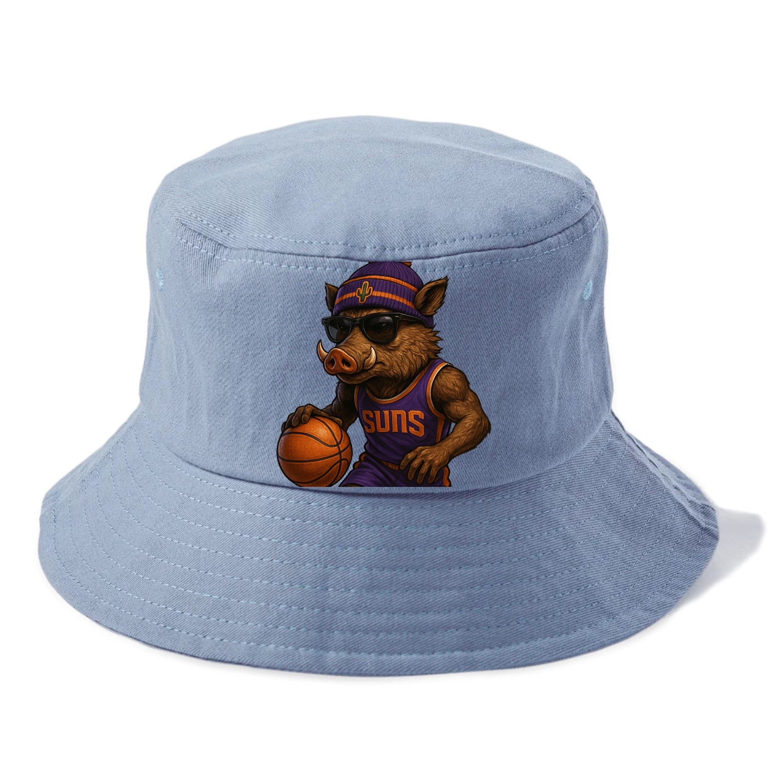 Phoenix Javelina wearing Suns beanie with cactus patch and wayfarer sunglasses - Bucket Hat - Summer Sky(Blue)