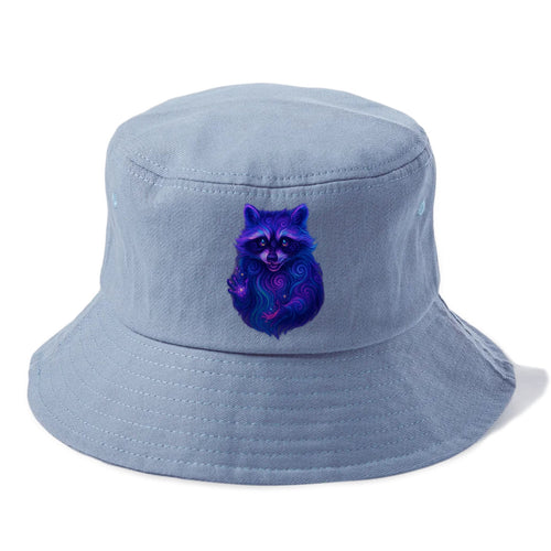 Playful raccoon with mask swirling in hypnotic patterns, neon purple and green fur - Bucket Hat
