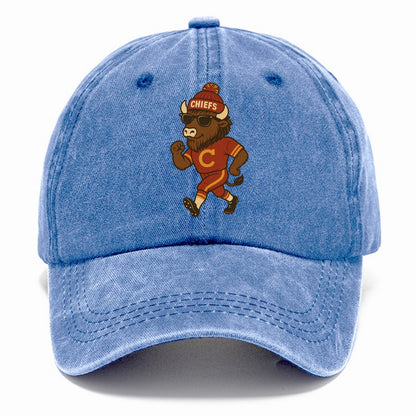 KC Bison wearing Chiefs beanie with arrowhead patch and wayfarer sunglasses - Classic Cap - Summer Sky(Blue)