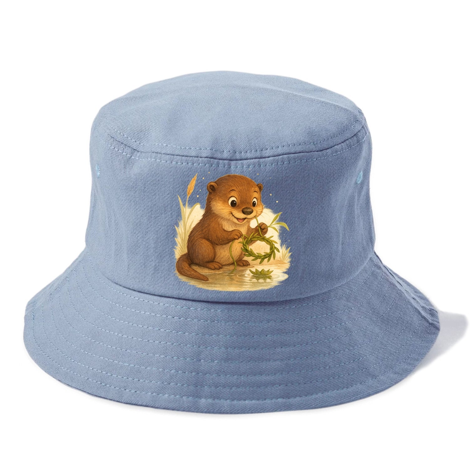 Otter weaving river reeds into a floating crown beside mirror-still water - Bucket Hat - Summer Sky(Blue)