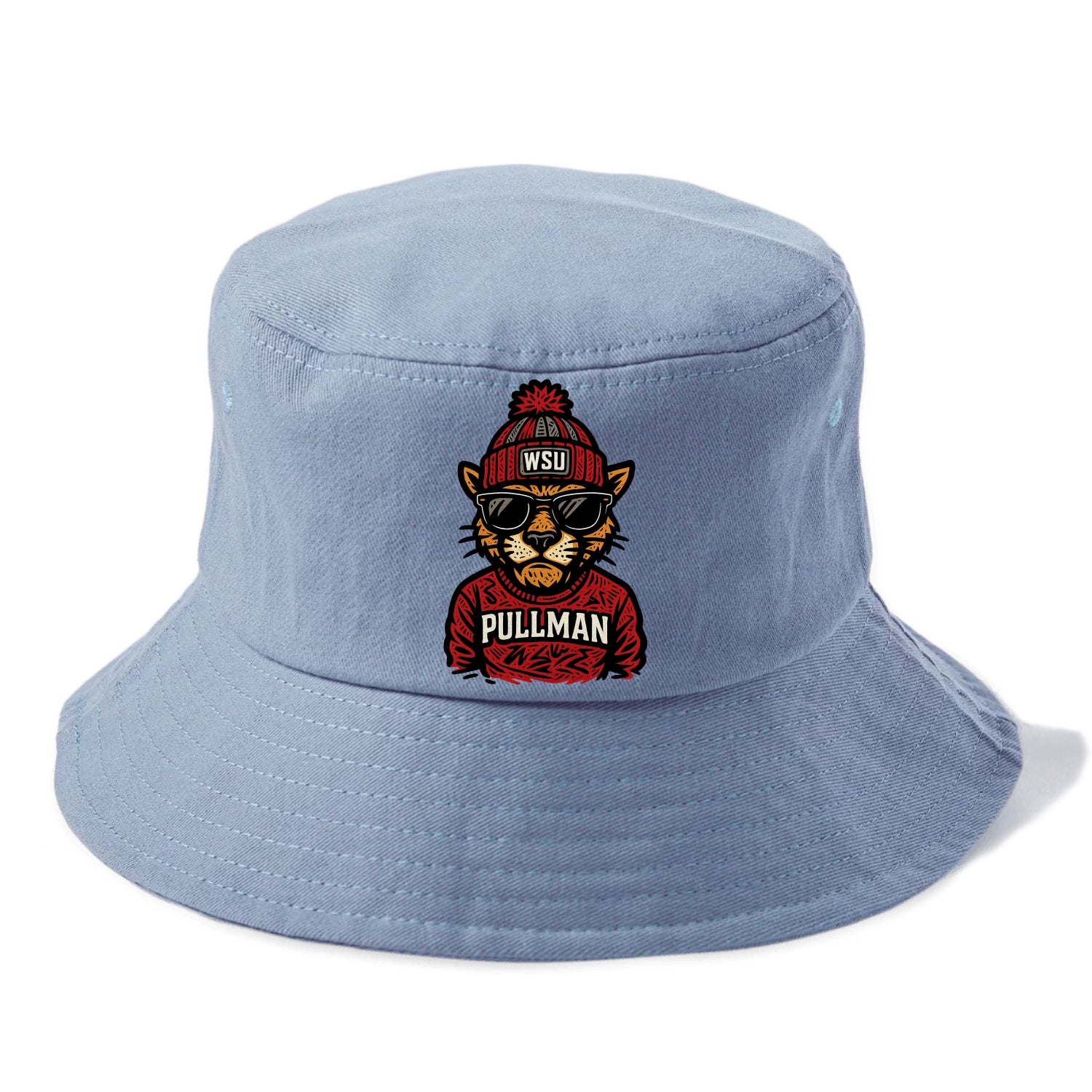 Pullman Cougar wearing Washington State beanie with WSU patch - Bucket Hat - Summer Sky(Blue)