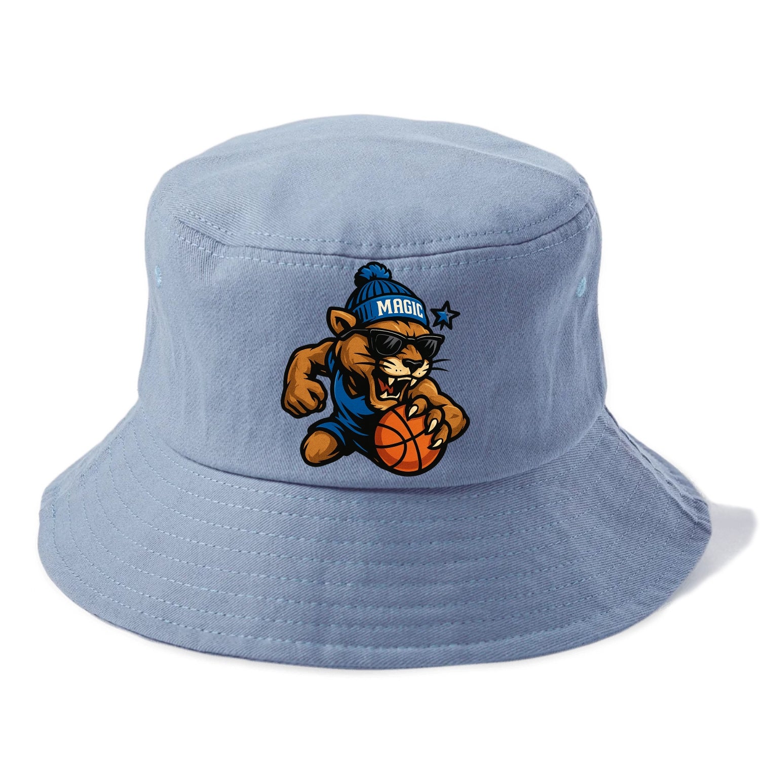 Florida Panther wearing Magic beanie with star wand patch and wayfarer sunglasses - Bucket Hat - Summer Sky(Blue)