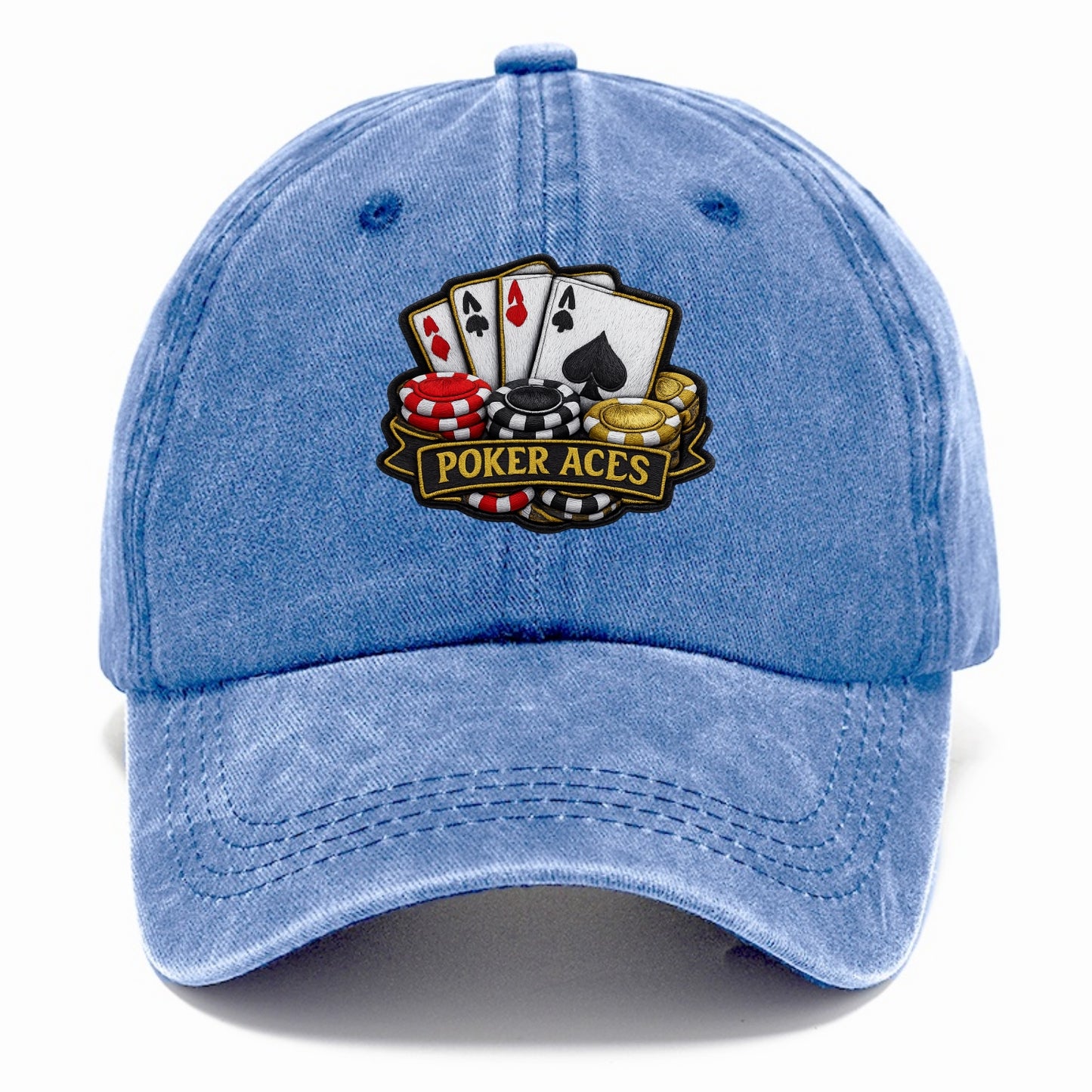 Embroidered patch design - POKER ACES - four aces with chips in red, black and gold - Classic Cap - Summer Sky(Blue)