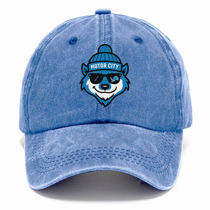 Motor City Wolverine wearing Lions beanie with gear patch and wayfarer sunglasses - Classic Cap - Summer Sky(Blue)
