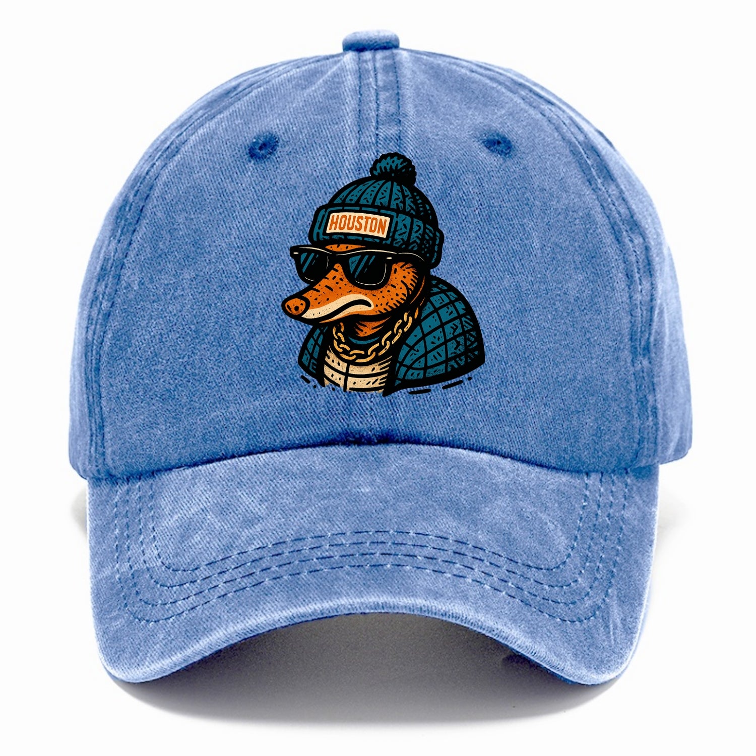 Houston Armadillo wearing Houston beanie with pom pom and wayfarer sunglasses - Classic Cap - Summer Sky(Blue)