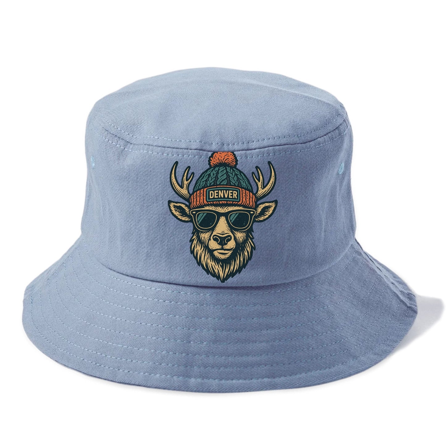 Denver Elk wearing Denver beanie with pom pom and wayfarer sunglasses - Bucket Hat - Summer Sky(Blue)