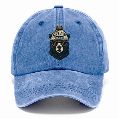 Louisiana Black Bear wearing New Orleans beanie with pom pom and wayfarer sunglasses - Classic Cap - Summer Sky(Blue)
