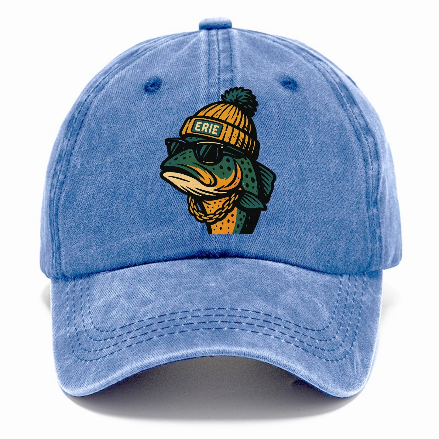 Erie Lake Trout wearing Erie beanie with pom pom and wayfarer sunglasses - Classic Cap - Summer Sky(Blue)