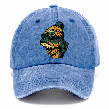 Erie Lake Trout wearing Erie beanie with pom pom and wayfarer sunglasses - Classic Cap - Summer Sky(Blue)