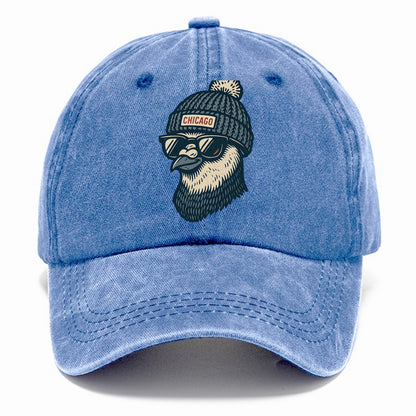 Chicago Pigeon wearing Chicago beanie with pom pom and wayfarer sunglasses - Classic Cap - Summer Sky(Blue)