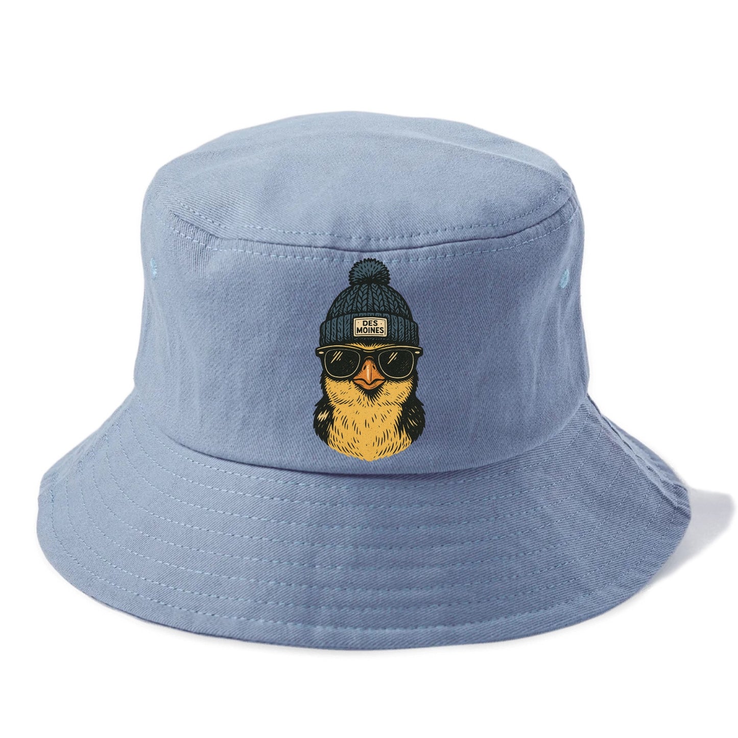 Iowa Goldfinch wearing Des Moines beanie with pom pom and wayfarer sunglasses - Bucket Hat - Summer Sky(Blue)