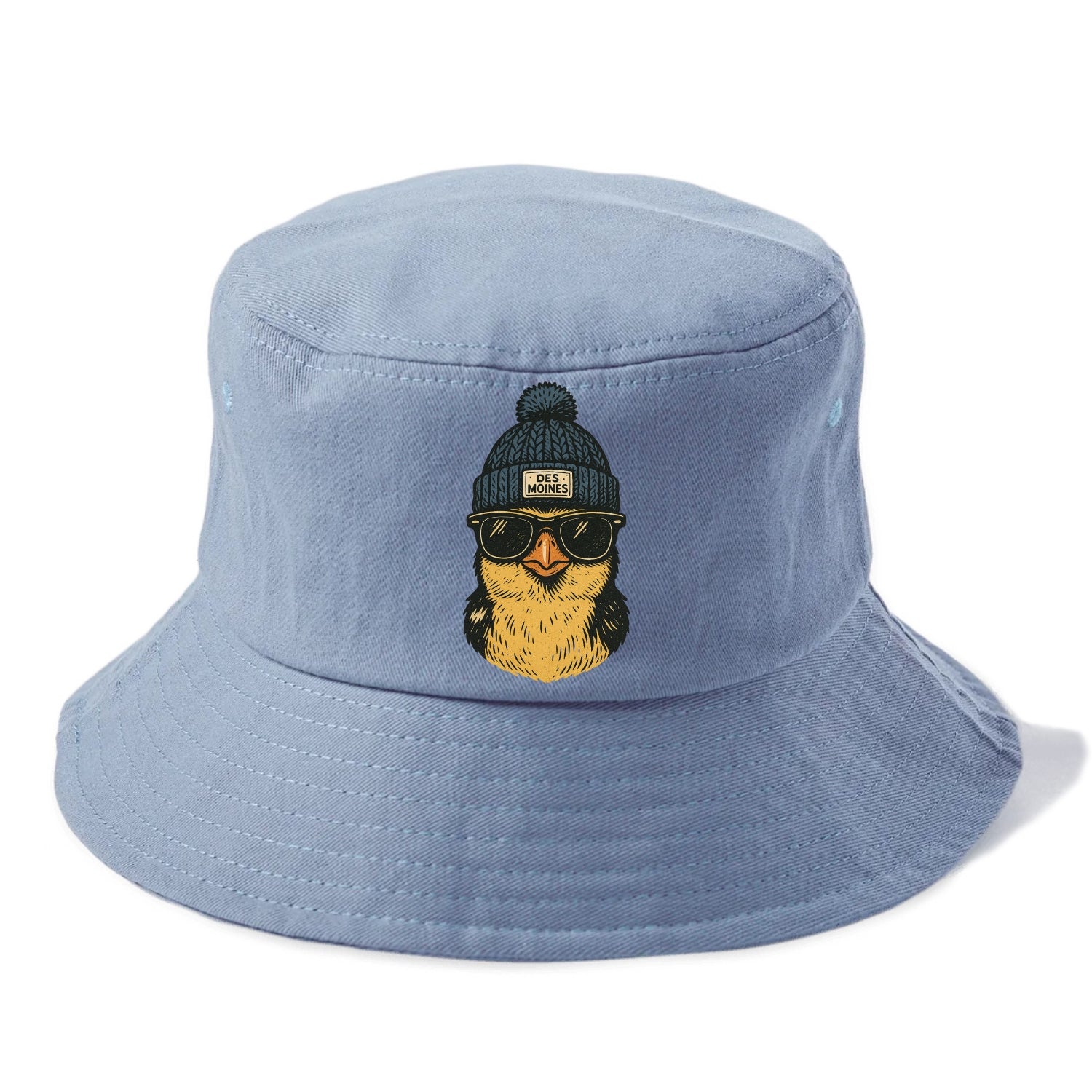 Iowa Goldfinch wearing Des Moines beanie with pom pom and wayfarer sunglasses - Bucket Hat - Summer Sky(Blue)