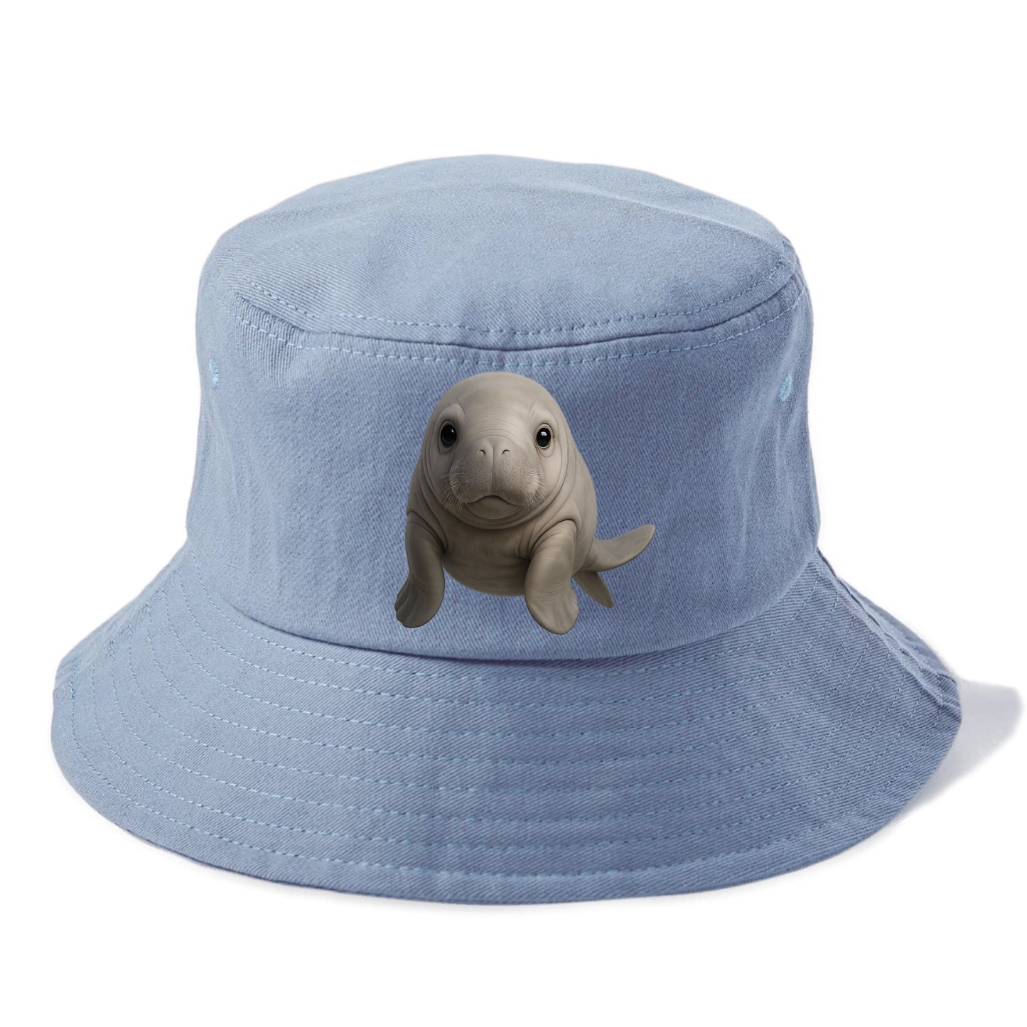 Baby Dugong - gray with paddle tail, gentle expression, whiskers, front-facing, sweet - Bucket Hat - Summer Sky(Blue)