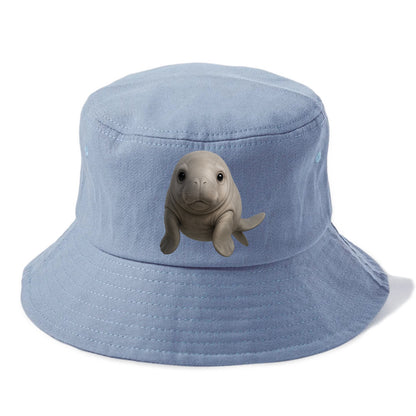 Baby Dugong - gray with paddle tail, gentle expression, whiskers, front-facing, sweet - Bucket Hat - Summer Sky(Blue)