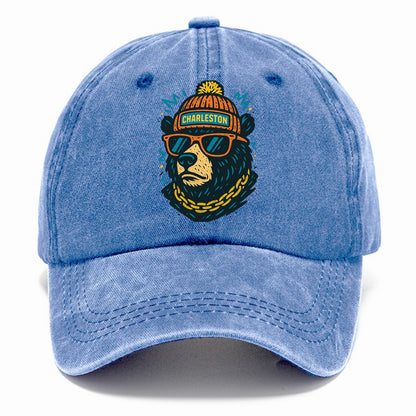 West Virginia Black Bear wearing Charleston beanie with pom pom and wayfarer - Classic Cap - Summer Sky(Blue)