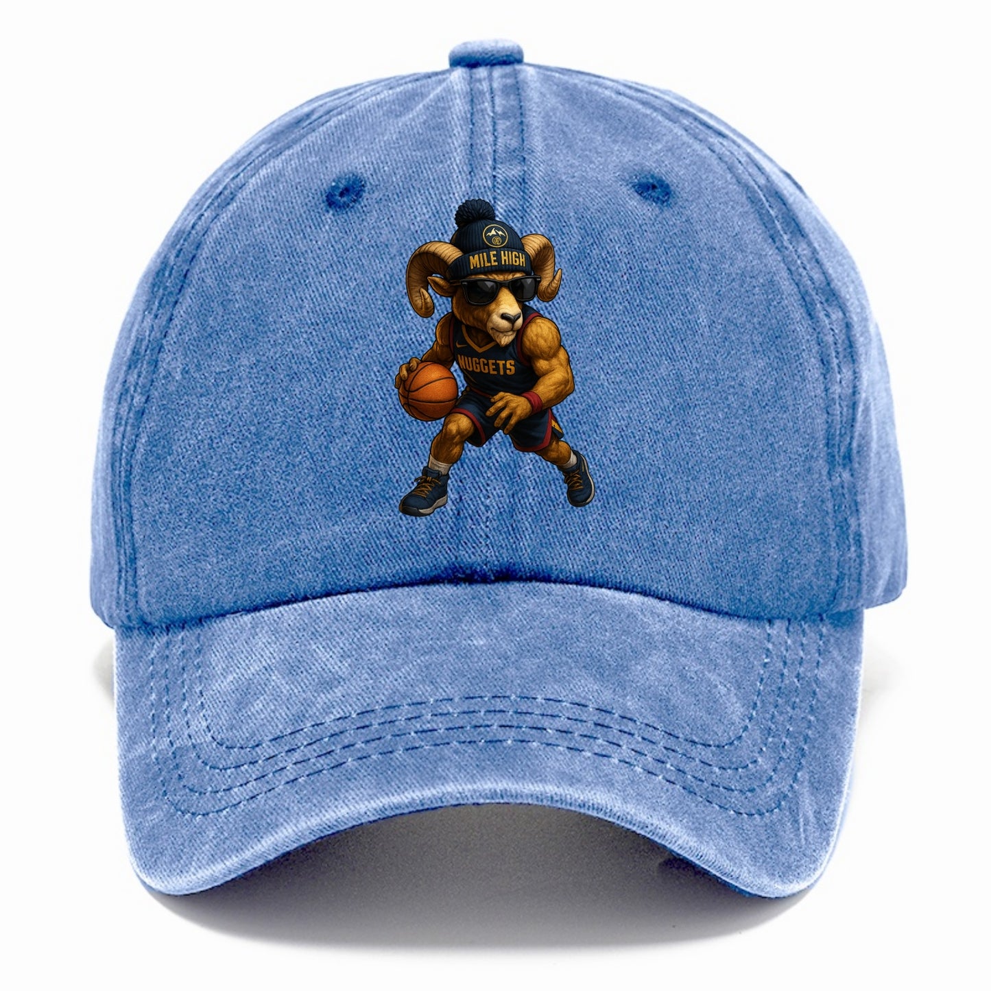 Mile High Bighorn wearing Nuggets beanie with mountain patch and wayfarer sunglasses - Classic Cap - Summer Sky(Blue)