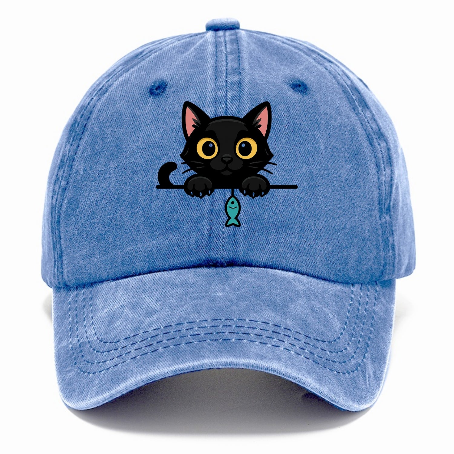 Midnight the black cat holding a tiny yarn ball between both paws while peeking. - Classic Cap - Summer Sky(Blue)