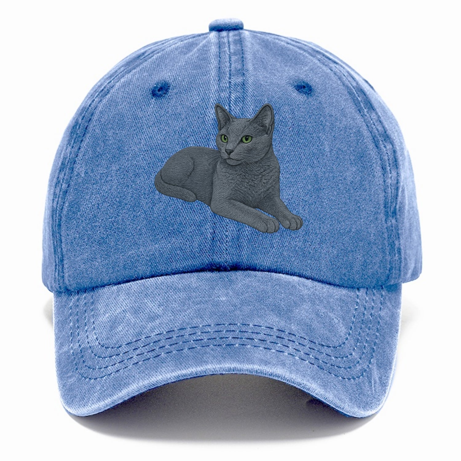 Russian Blue  relaxed lying down with he Classic Cap - Summer Sky(Blue)
