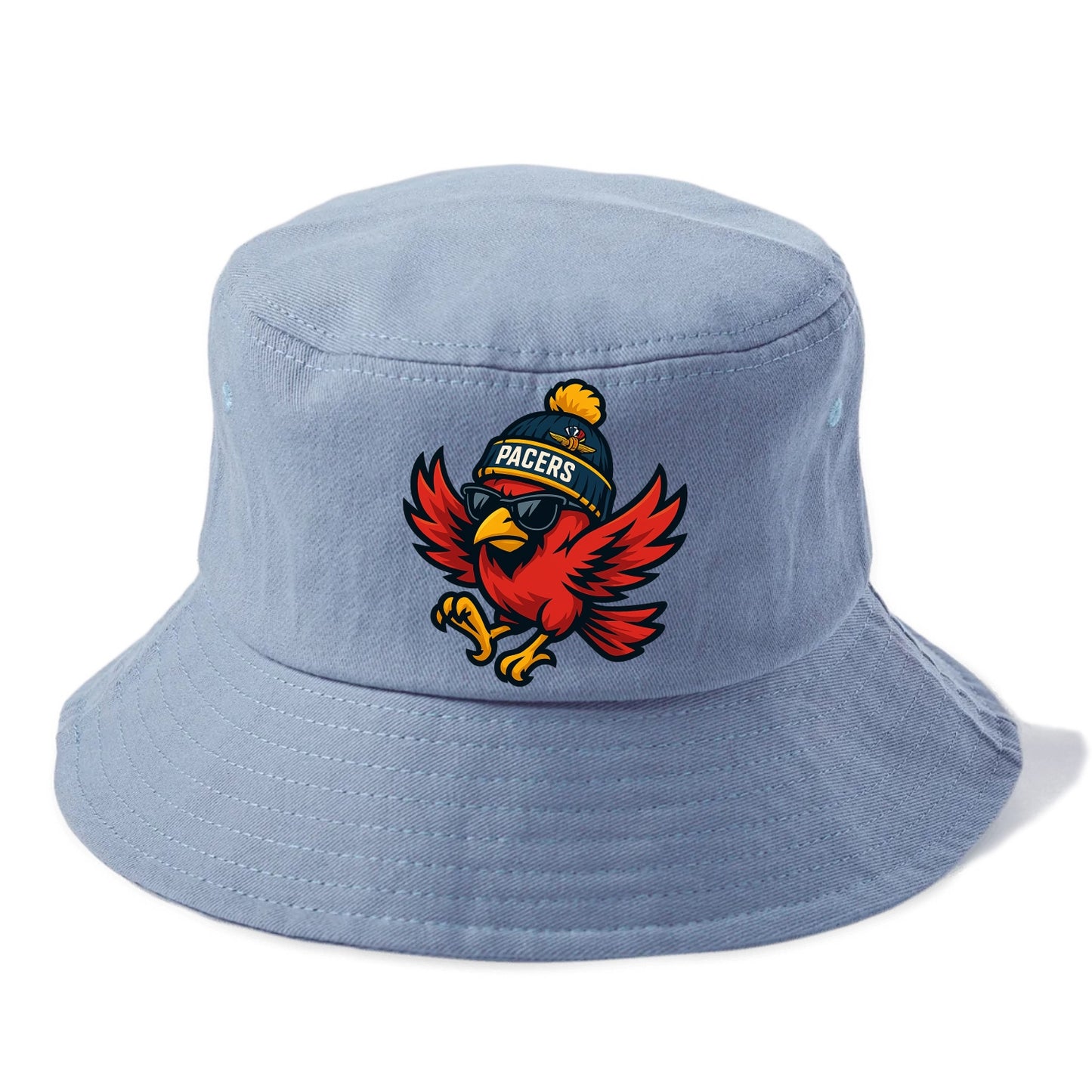 Indiana Cardinal wearing Pacers beanie with speedway patch and wayfarer sunglasses - Bucket Hat - Summer Sky(Blue)