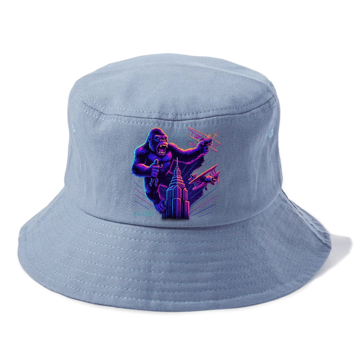 giant gorilla on top of skyscraper holding small figure, swatting planes - Bucket Hat - Summer Sky(Blue)