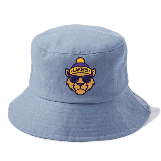 LA Mountain Lion wearing Lakers purple and gold beanie with championship stars and - Bucket Hat - Summer Sky(Blue)