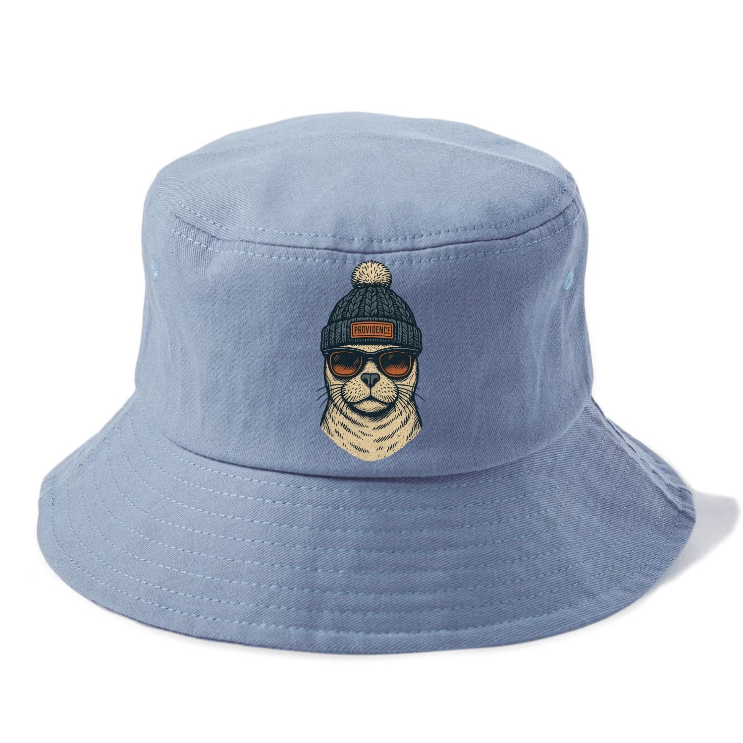 Rhode Island Harbor Seal wearing Providence beanie with pom pom and wayfarer sunglasses - Bucket Hat - Summer Sky(Blue)