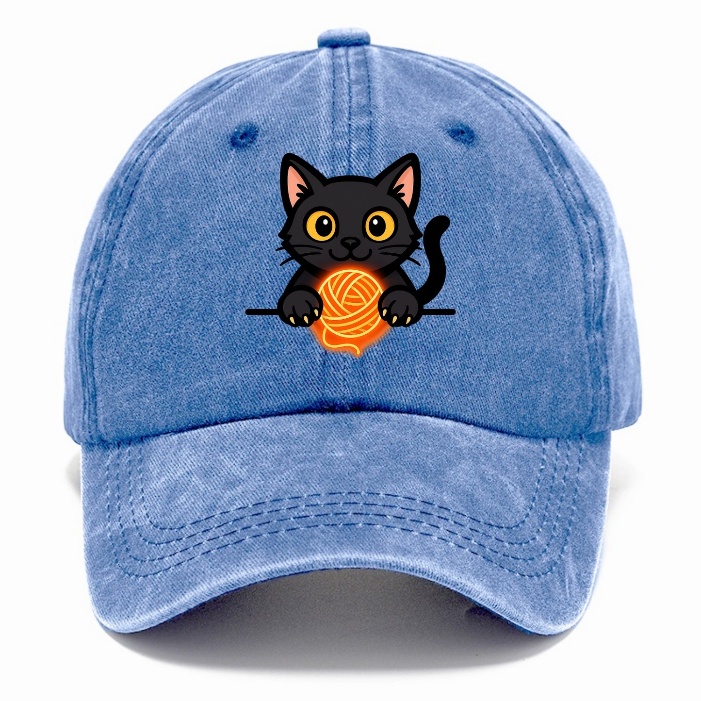 Midnight the black cat popping out of a gift box lid with ribbon trails. - Classic Cap - Summer Sky(Blue)