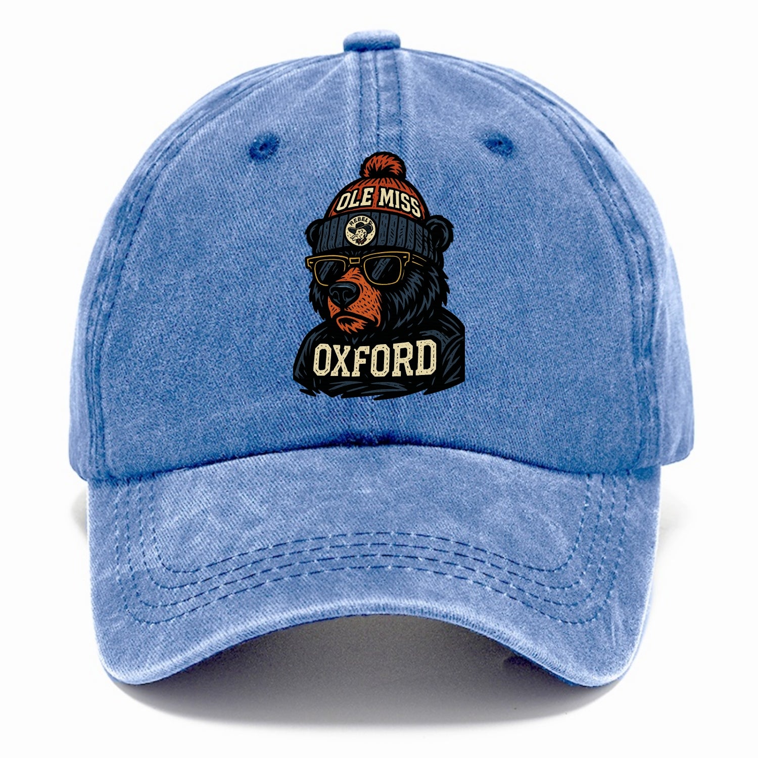 Oxford Black Bear wearing Ole Miss beanie with rebel patch - Classic Cap - Summer Sky(Blue)