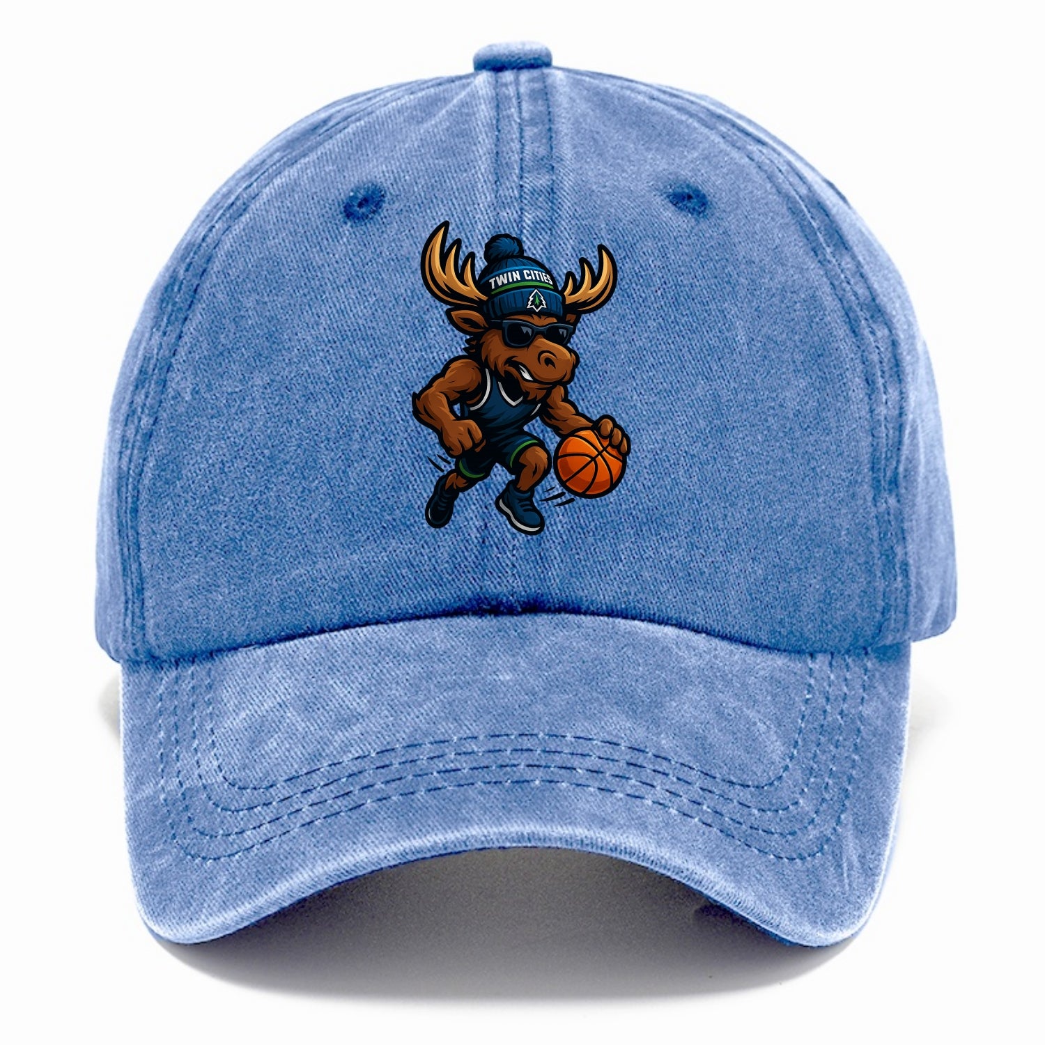 Twin Cities Moose wearing Timberwolves beanie with pine tree patch and wayfarer - Classic Cap - Summer Sky(Blue)