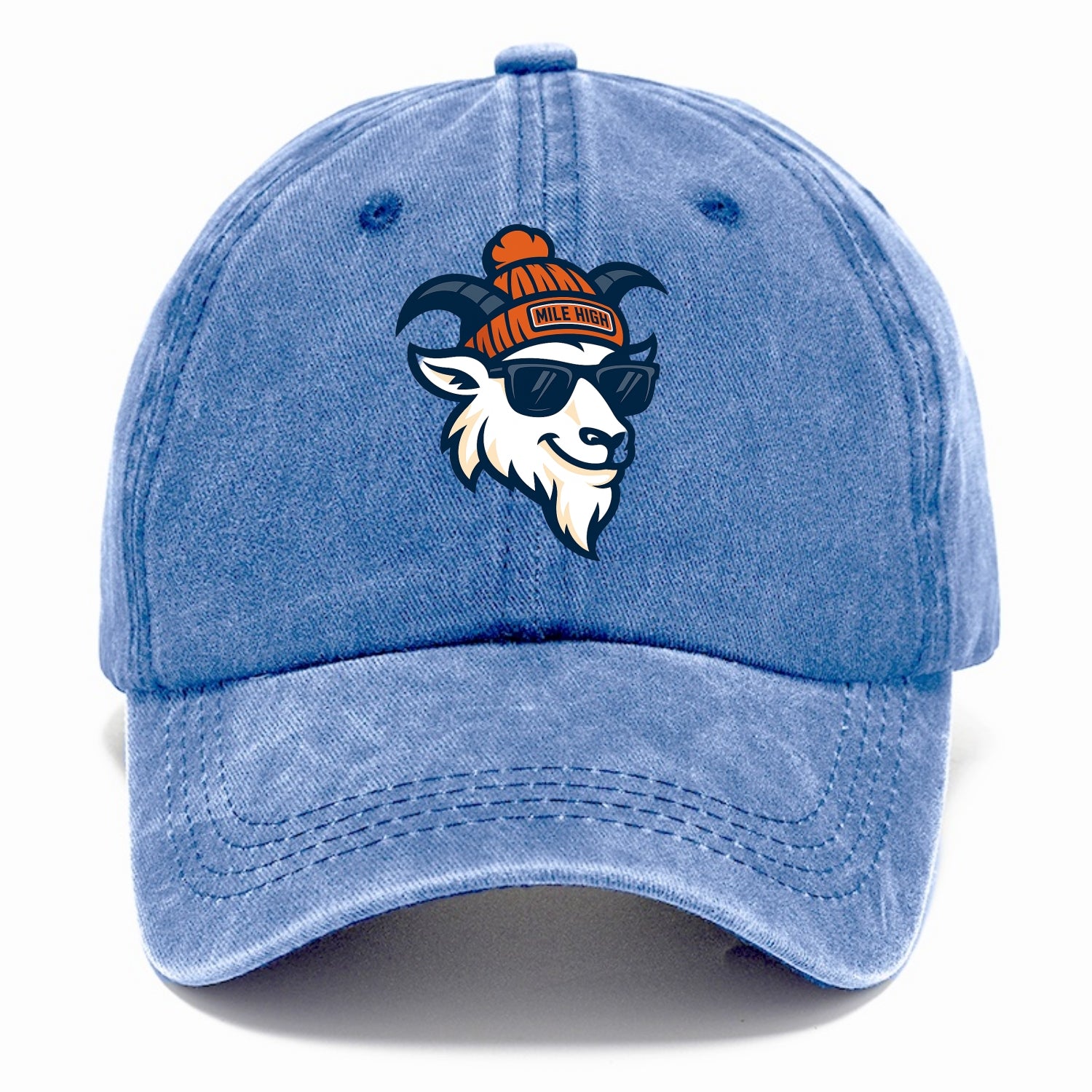 Denver Mountain Goat wearing Broncos beanie with Mile High patch and wayfarer - Classic Cap - Summer Sky(Blue)