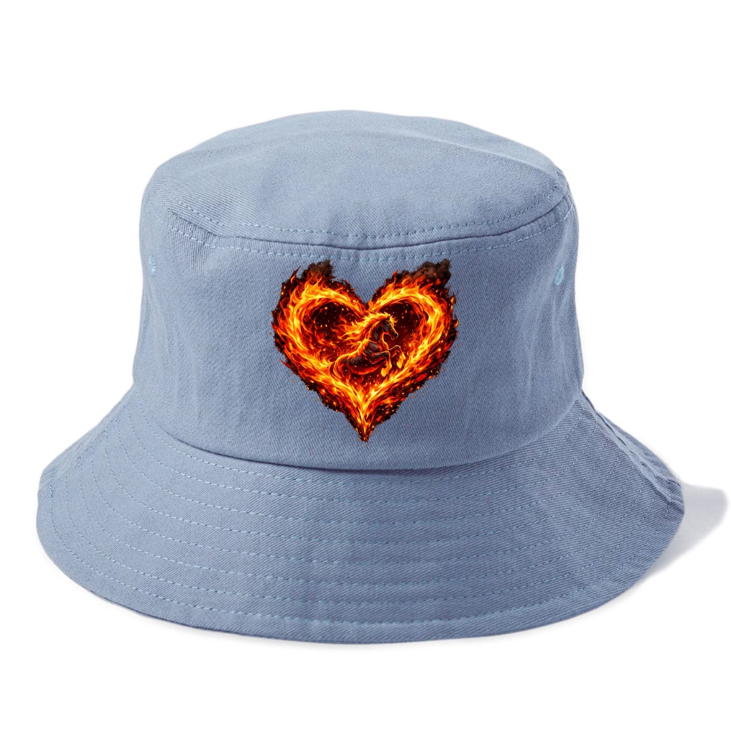 HEART OF FIRE | Flaming heart with horse silhouette inside | Passion embodied | Love - Bucket Hat - Summer Sky(Blue)