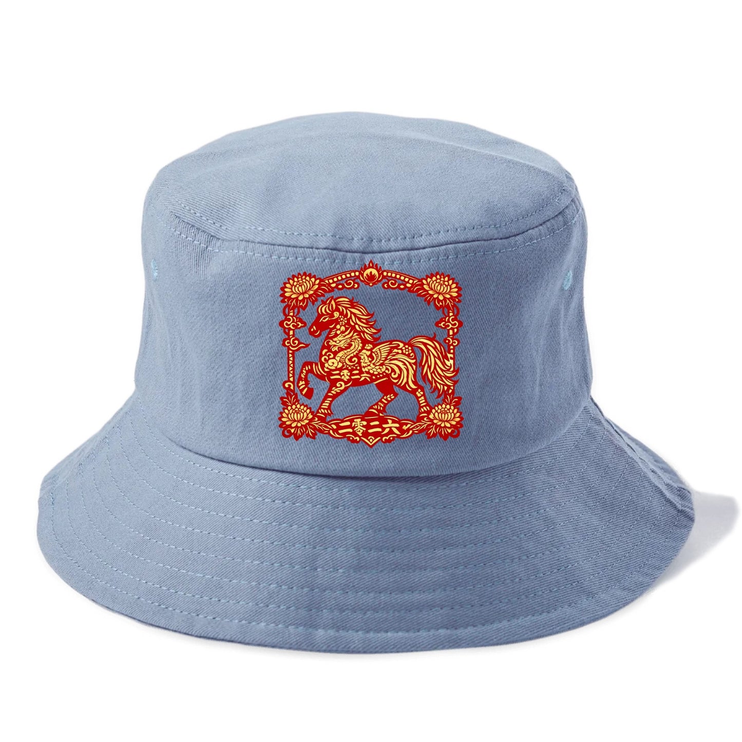 HORSE | Silk style horse design | Gold and silver thread appearance | Phoenix and - Bucket Hat - Summer Sky(Blue)
