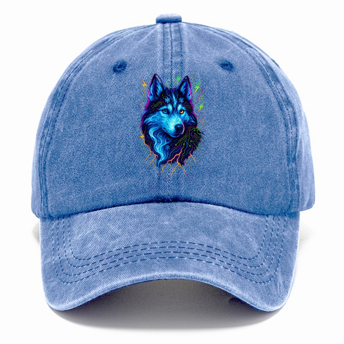 Siberian husky with ice-crystal flowing patterns, electric blue and white swirls, - Classic Cap - Summer Sky(Blue)
