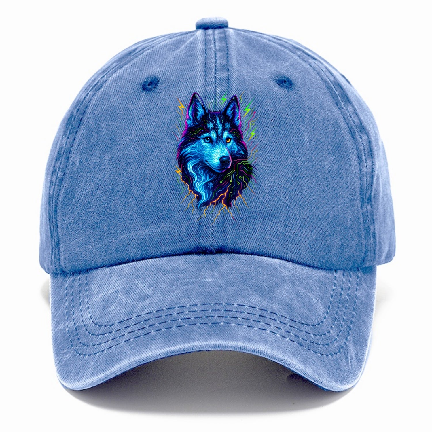 Siberian husky with ice-crystal flowing patterns, electric blue and white swirls, - Classic Cap - Summer Sky(Blue)